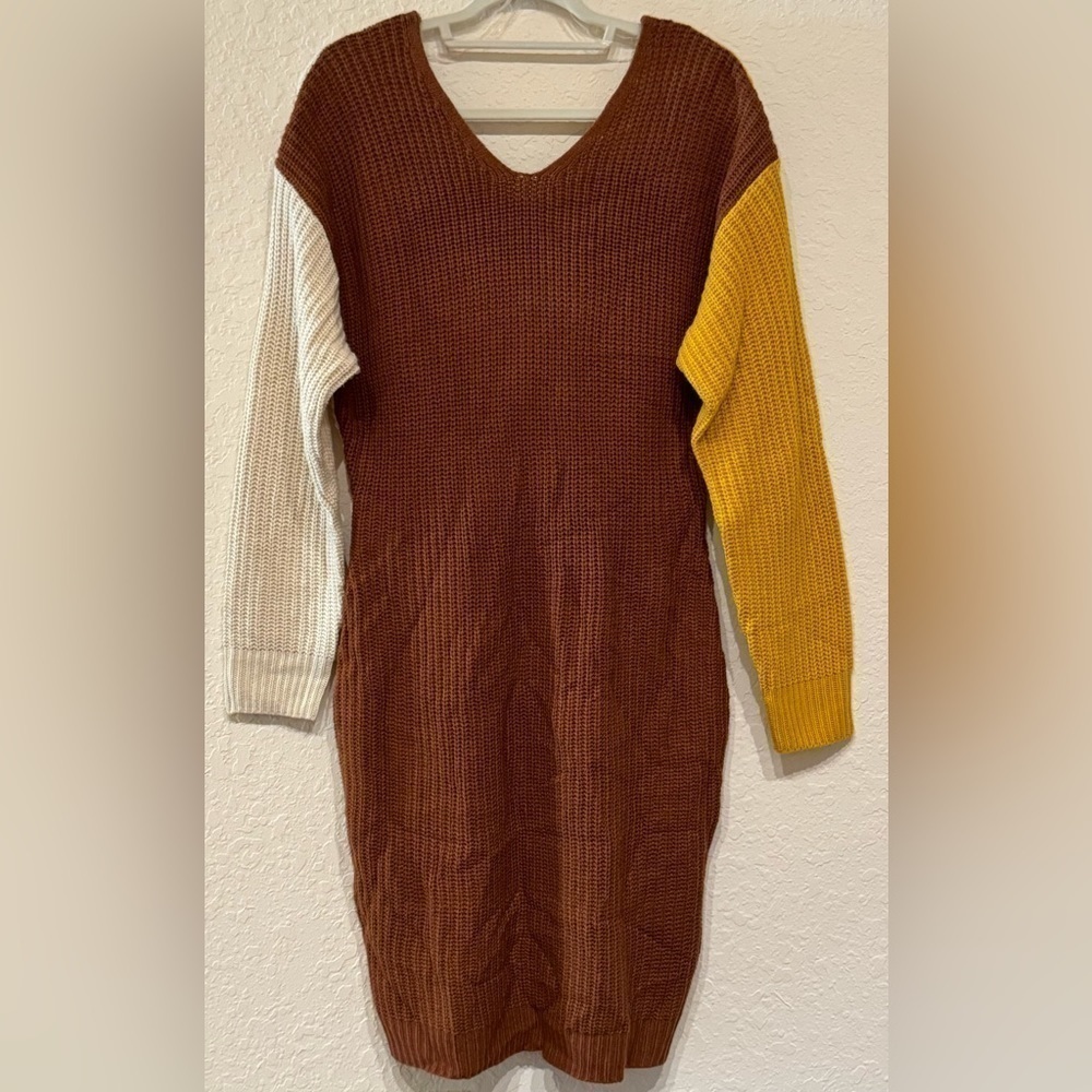 NEW Ashley Stewart Colorblock Cable Knit V-Back Knot Sweater Dress Size 14/16 - Picture 4 of 10